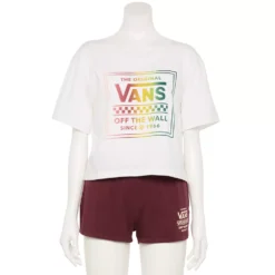 Juniors' Vans Cropped Rainbow "Off The Wall" Logo Graphic Tee