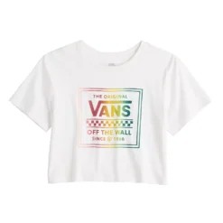 Juniors' Vans Cropped Rainbow "Off The Wall" Logo Graphic Tee -Vans Shop 5548894 ALT5